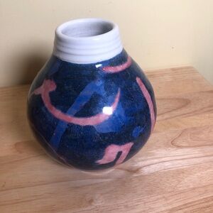 VTG 90s Art Pottery Vase Purple Blue Pink Swirl Handmade Artist Signed